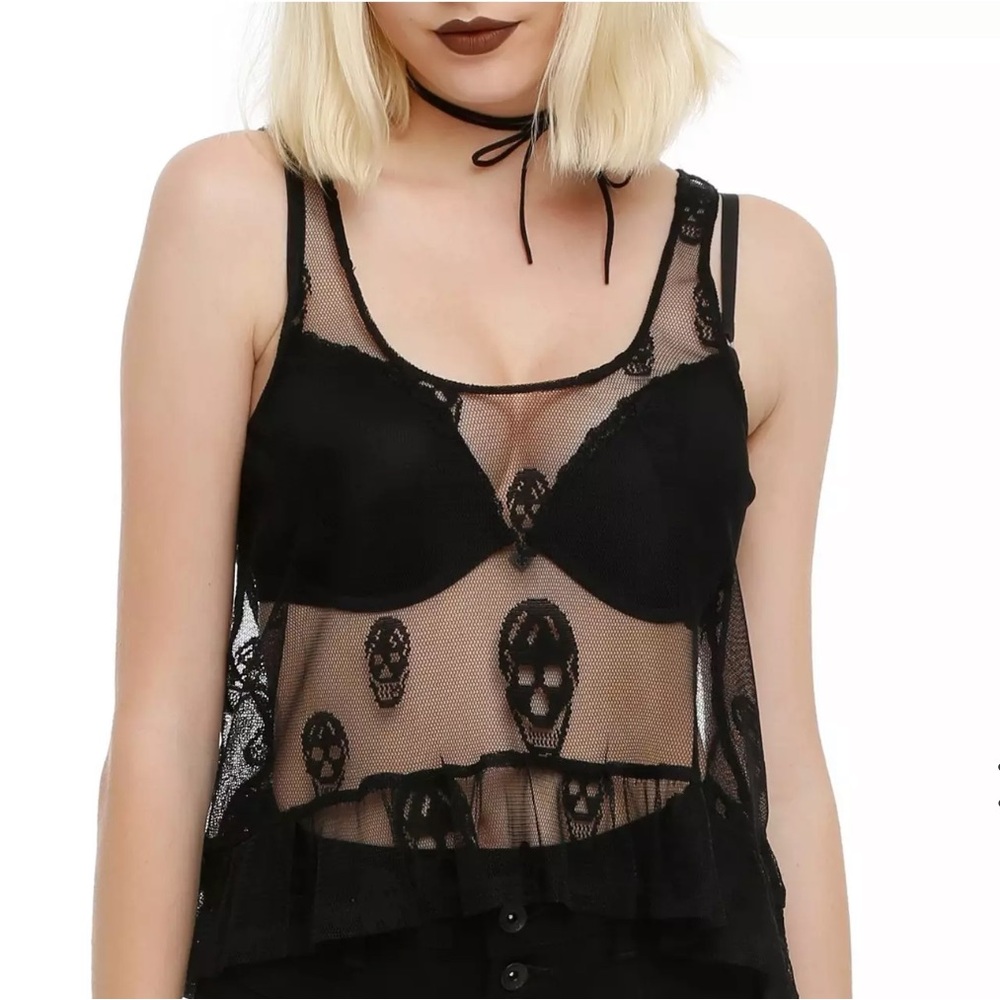 Black Mesh Skull Ruffle Tank Top